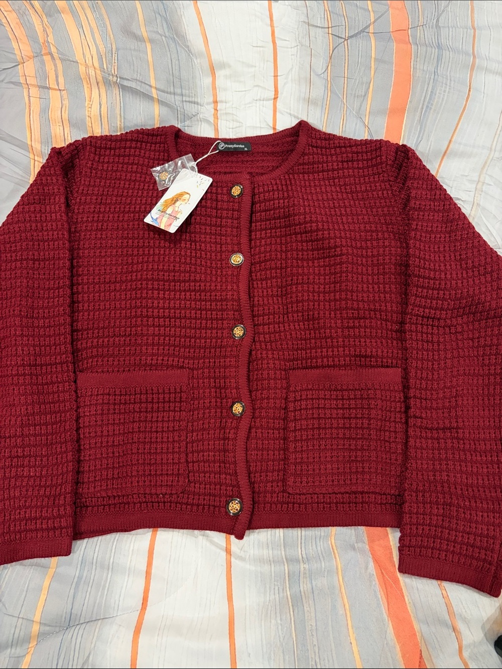 Waffle-Knit Button Front Cardigan - Deep Red